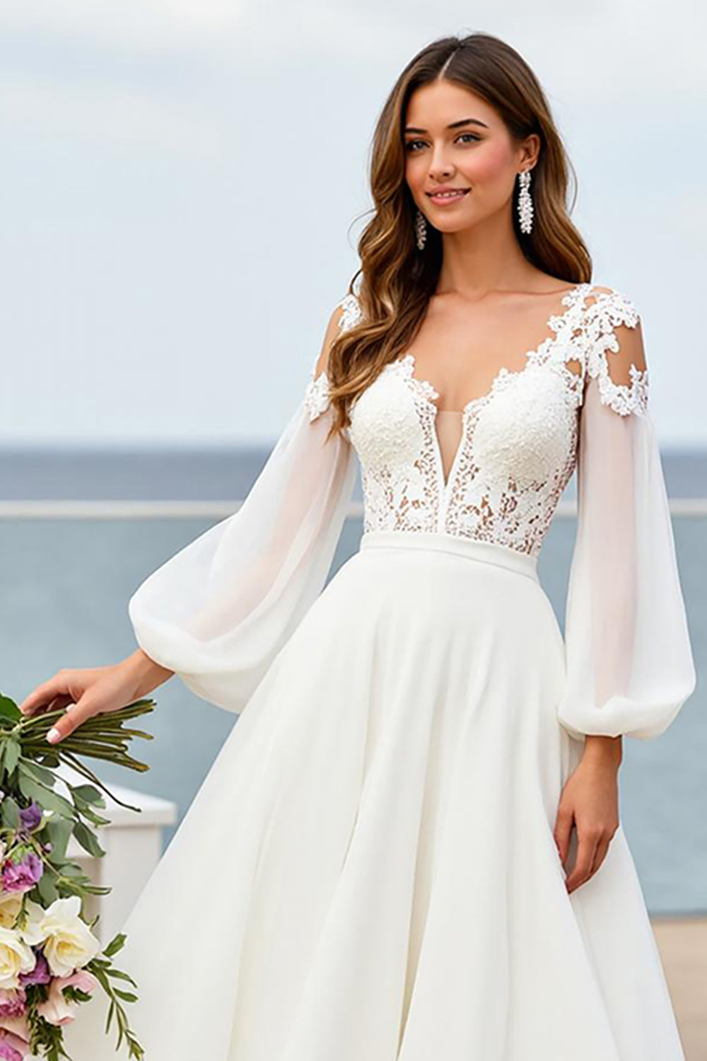 Ivory V-Neck Chiffon Lantern Sleeves Sweep Train Wedding Dress