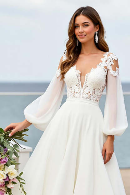 Ivory V-Neck Chiffon Lantern Sleeves Sweep Train Wedding Dress