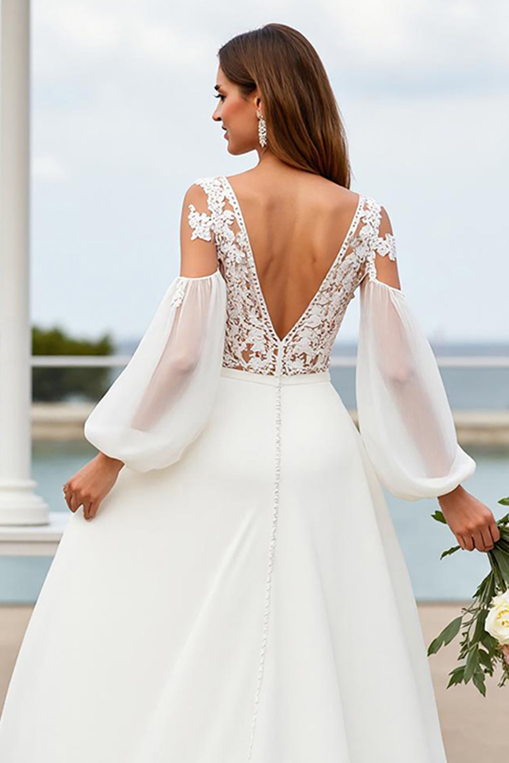 Ivory V-Neck Chiffon Lantern Sleeves Sweep Train Wedding Dress