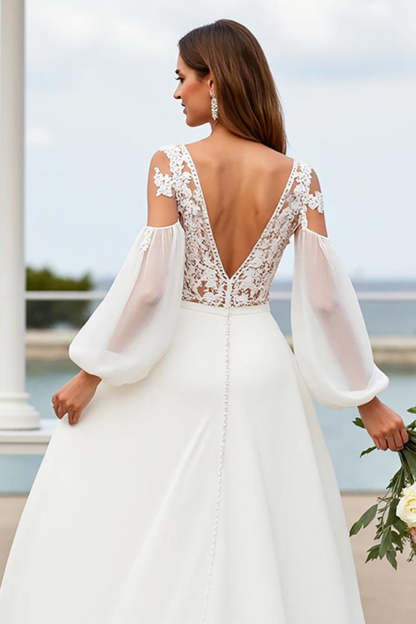 Ivory V-Neck Chiffon Lantern Sleeves Sweep Train Wedding Dress