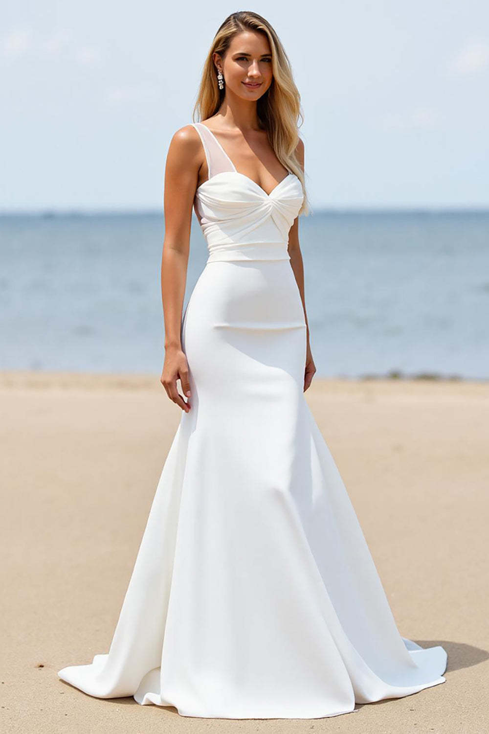 Leely Women Ivory Satin Sweep Train Wedding Dress Mermaid Backless Ruched Bridal Dress