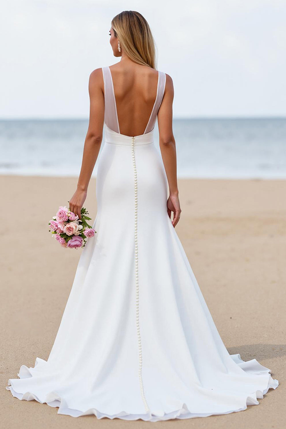 Ivory Mermaid Satin Ruched Backless Sweep Train Wedding Dress