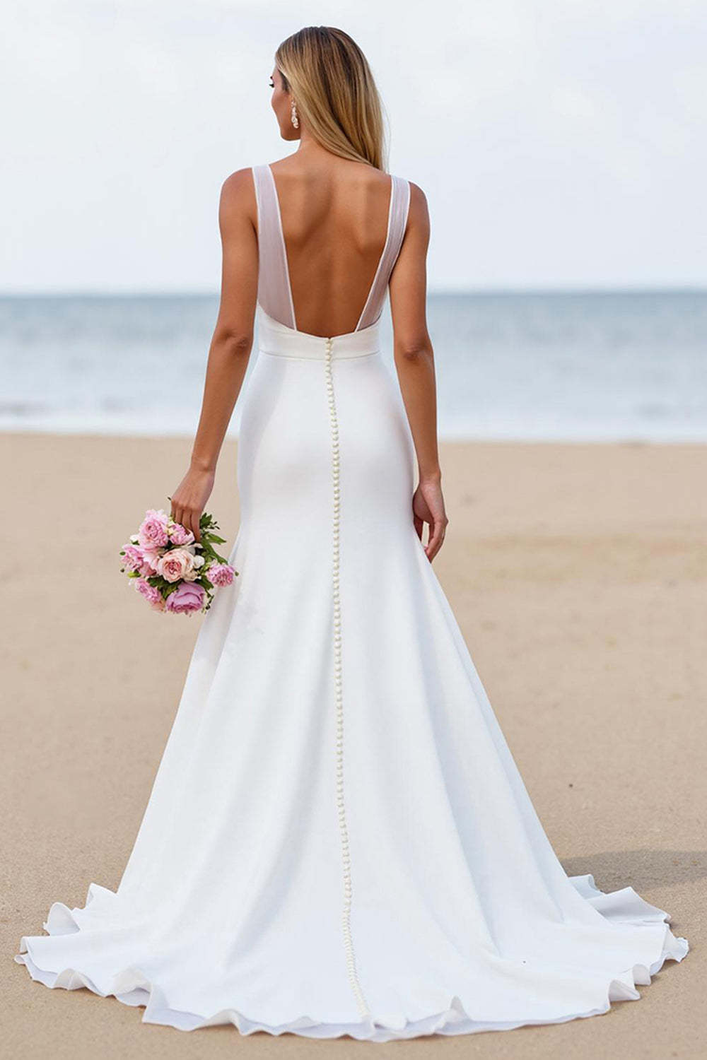 Ivory Mermaid Satin Ruched Backless Sweep Train Wedding Dress