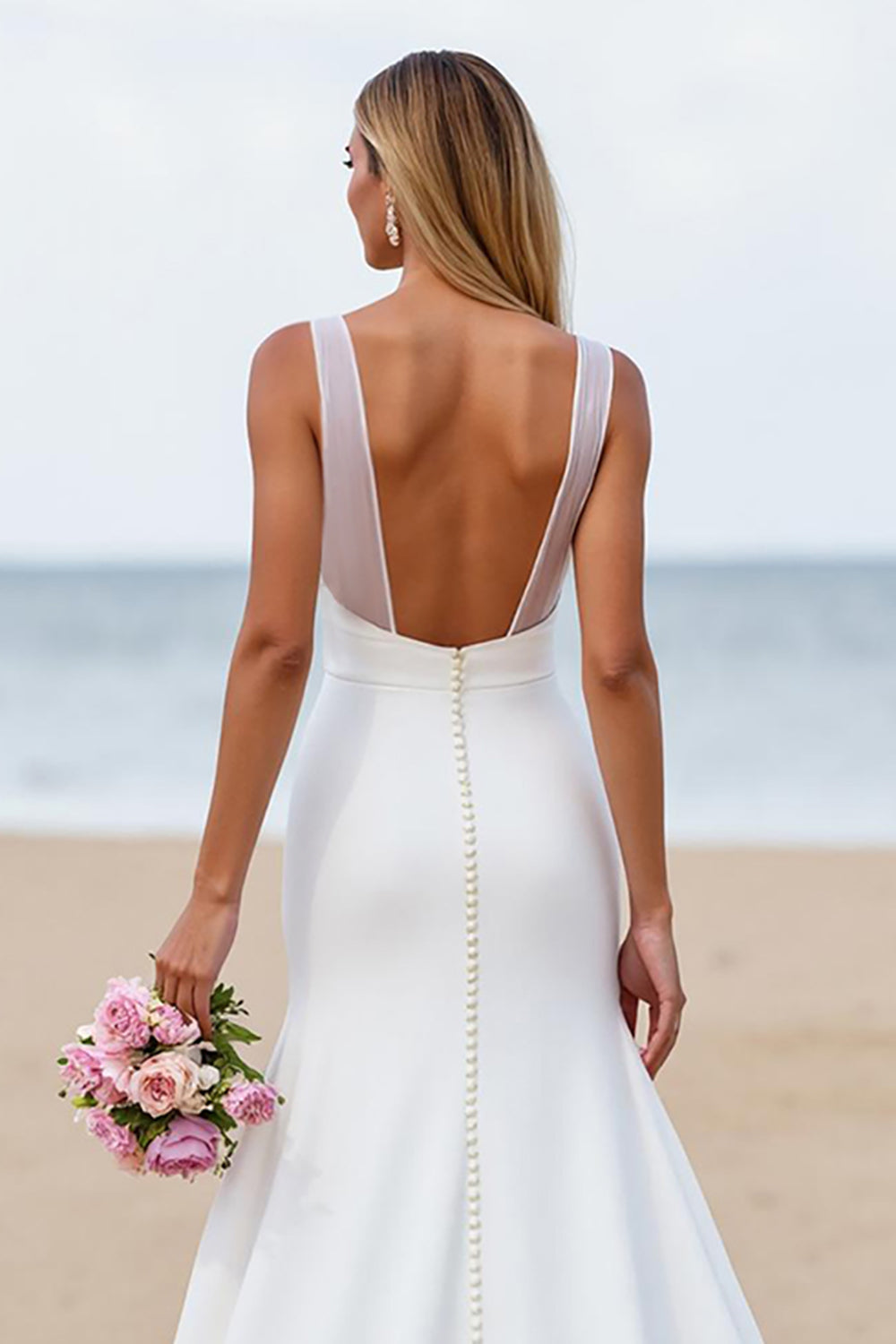 Ivory Mermaid Satin Ruched Backless Sweep Train Wedding Dress