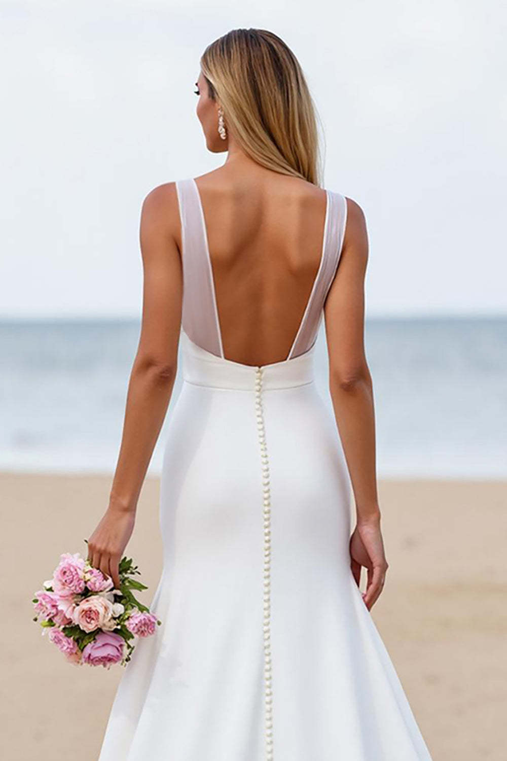 Ivory Mermaid Satin Ruched Backless Sweep Train Wedding Dress