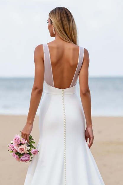 Ivory Mermaid Satin Ruched Backless Sweep Train Wedding Dress