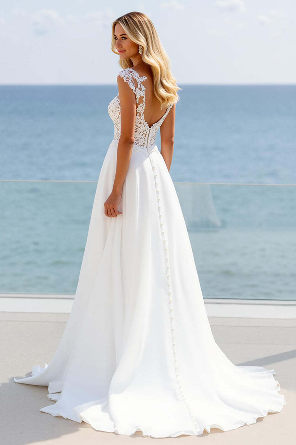 Ivory A Line Sweetheart Sweep Train Boho Wedding Dress with Slit