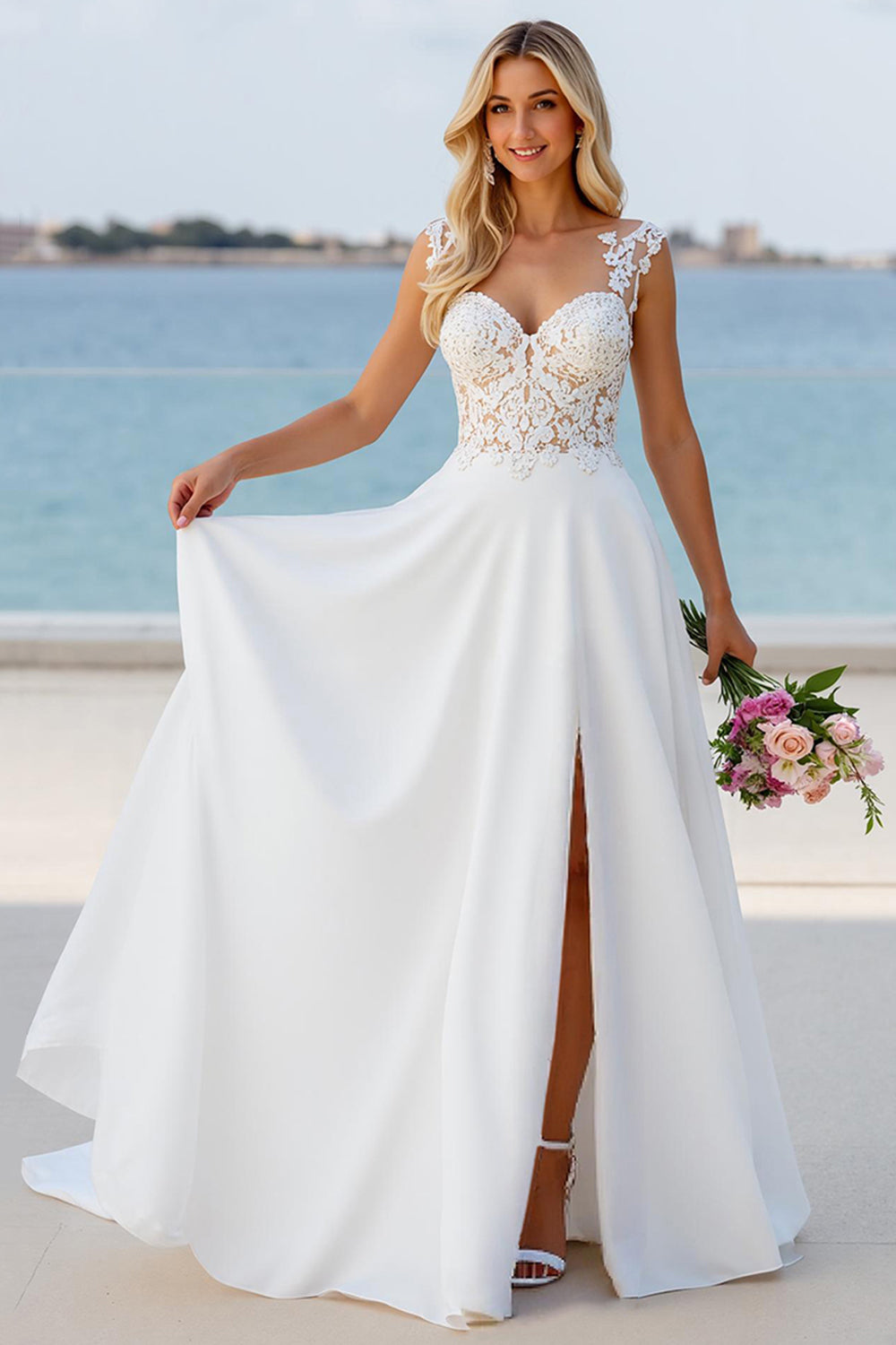Ivory A Line Sweetheart Sweep Train Boho Wedding Dress with Slit