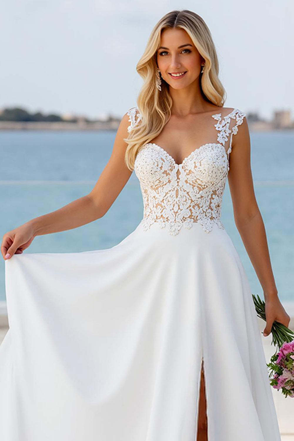 Ivory A Line Sweetheart Sweep Train Boho Wedding Dress with Slit