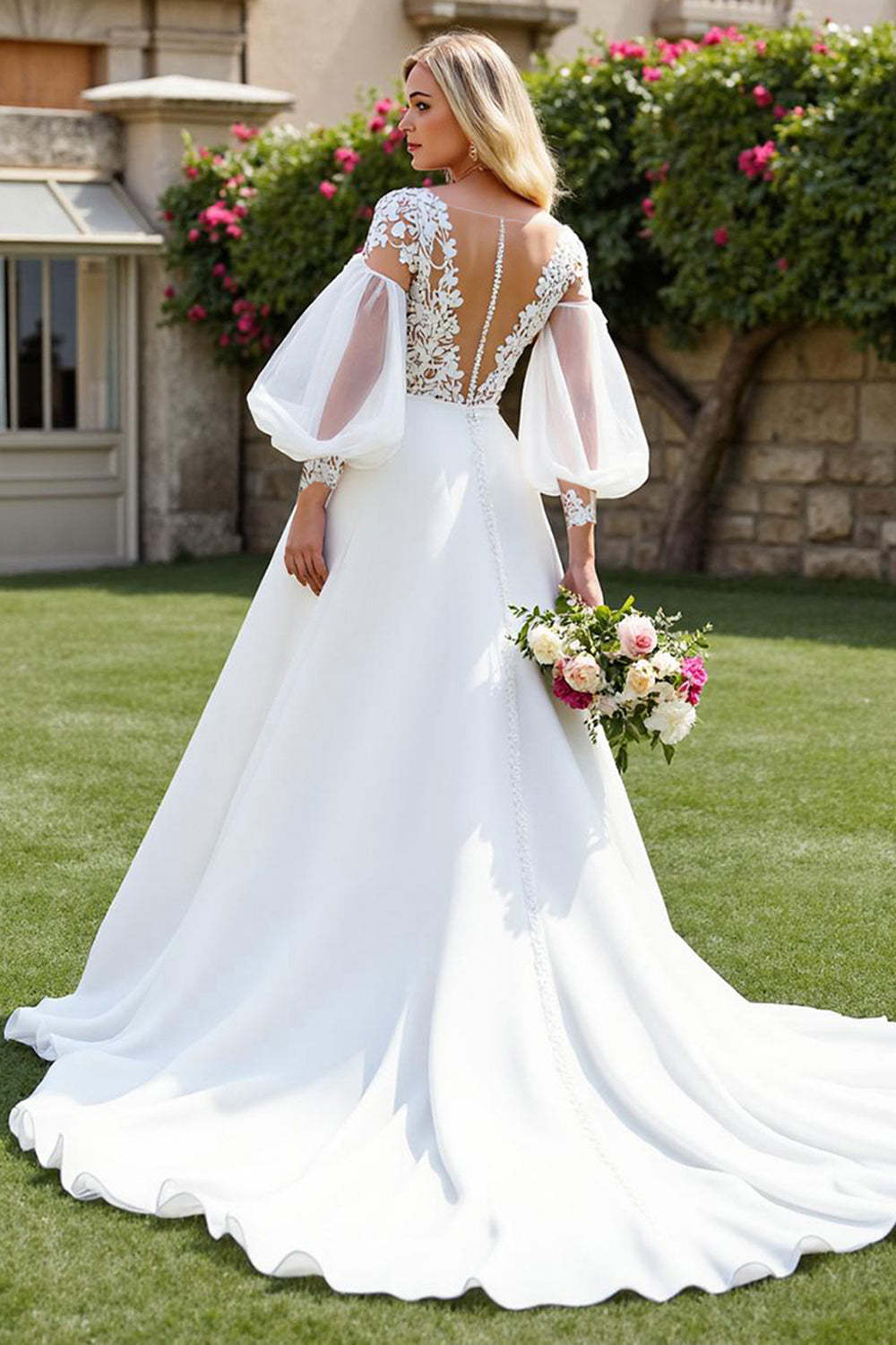 Ivory V Neck A Line Long Sleeves Sweep Train Wedding Dress with Lace