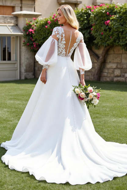 Ivory V Neck A Line Long Sleeves Sweep Train Wedding Dress with Lace