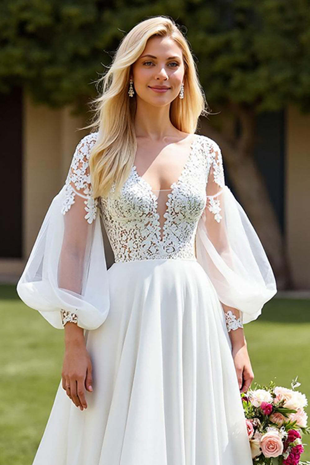 Ivory V Neck A Line Long Sleeves Sweep Train Wedding Dress with Lace