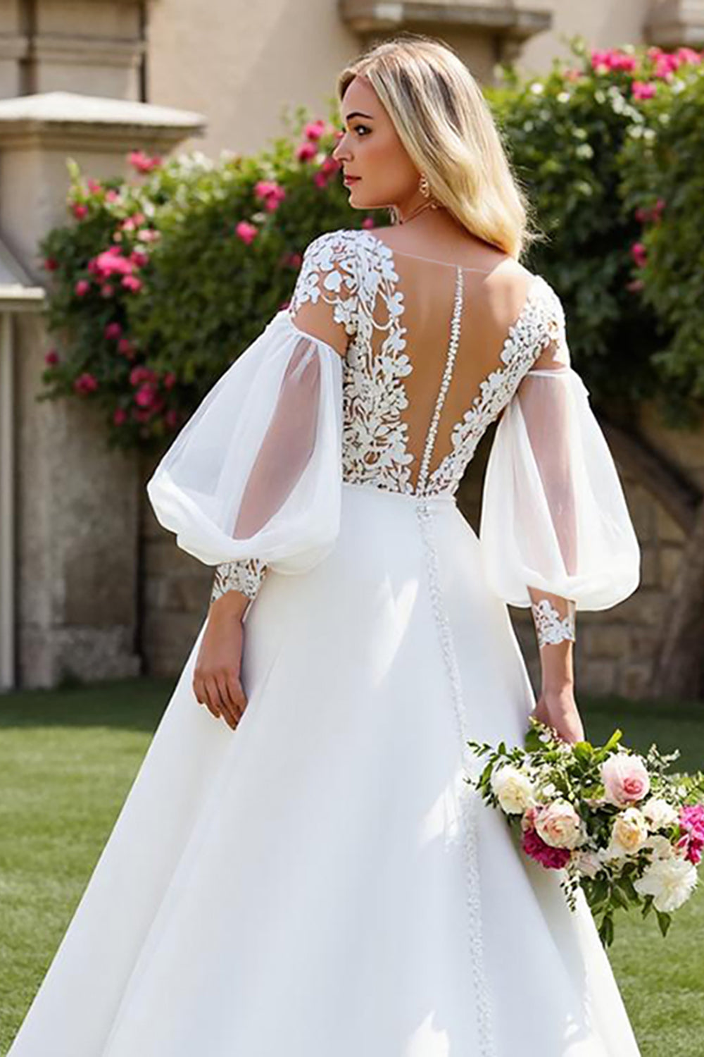 Ivory V Neck A Line Long Sleeves Sweep Train Wedding Dress with Lace