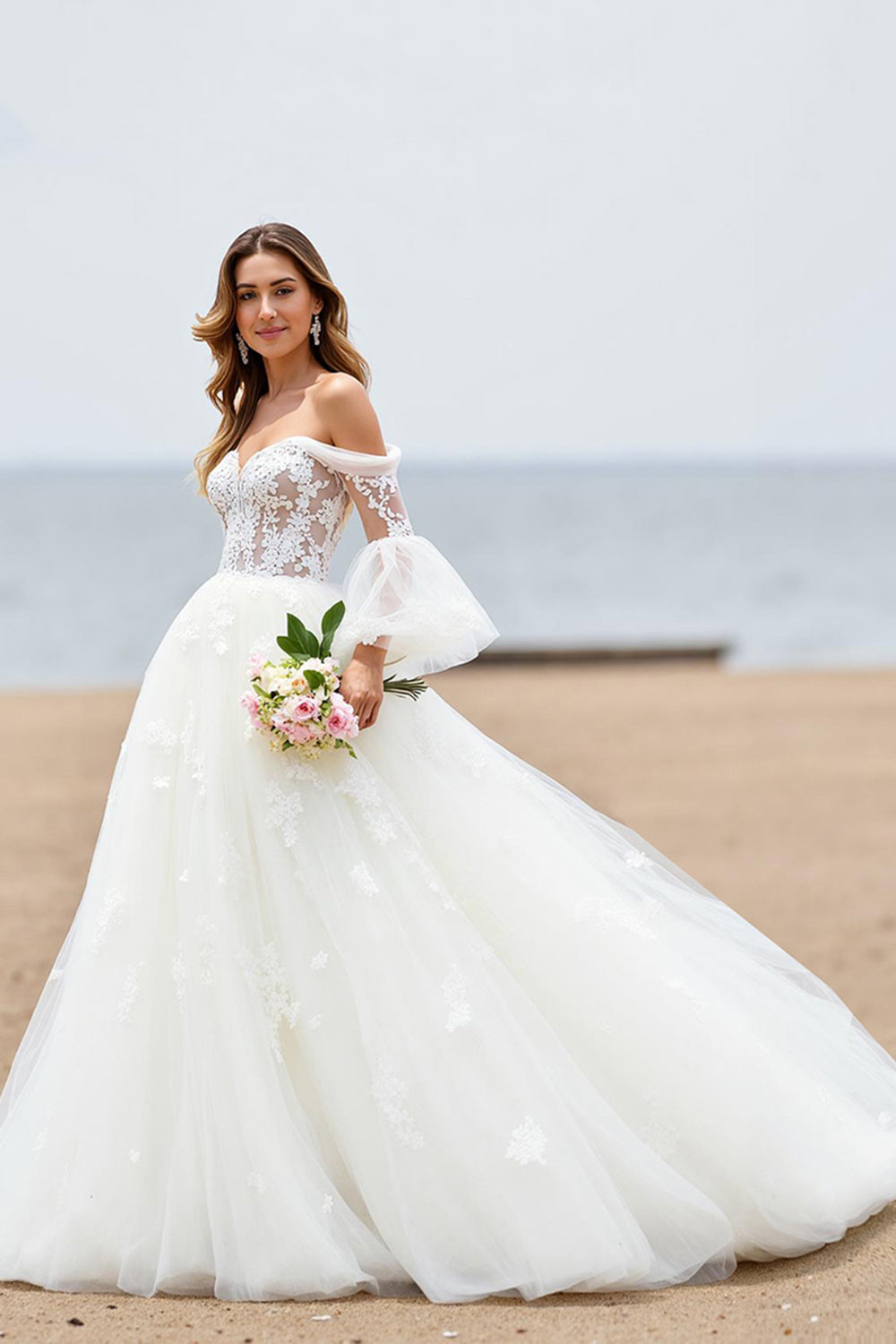 Leely Women Ivory Tulle Sweep Train Beach Wedding Dress with Lace Off the Shoulder A Line Long Sleeves Boho Bridal Dress