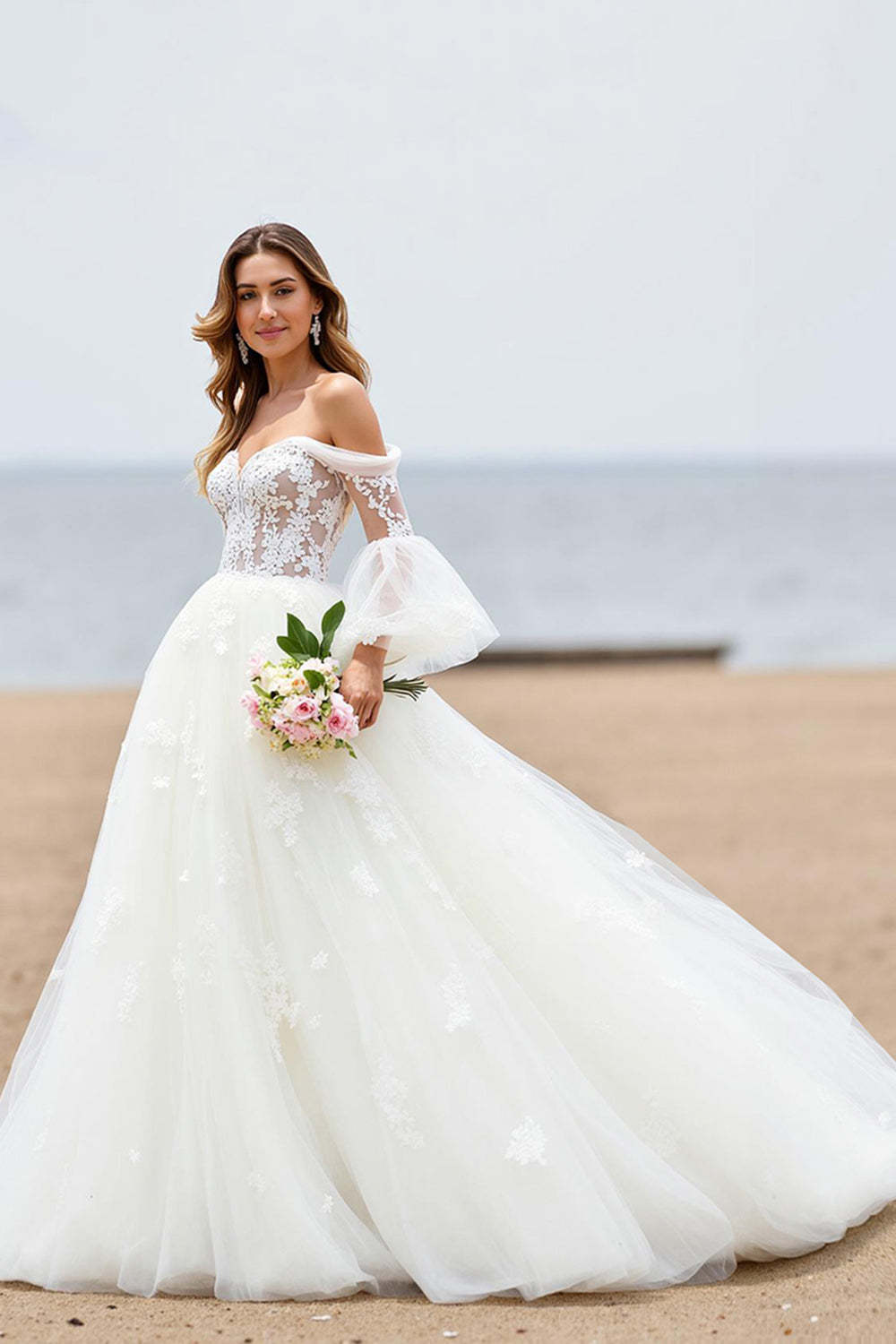 Leely Women Ivory Tulle Sweep Train Beach Wedding Dress with Lace Off the Shoulder A Line Long Sleeves Boho Bridal Dress