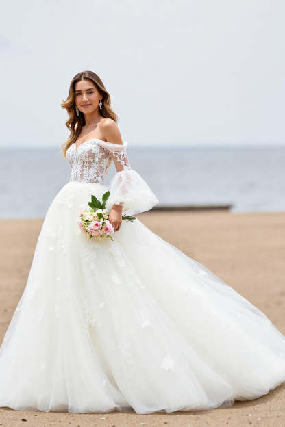 Leely Women Ivory Tulle Sweep Train Beach Wedding Dress with Lace Off the Shoulder A Line Long Sleeves Boho Bridal Dress