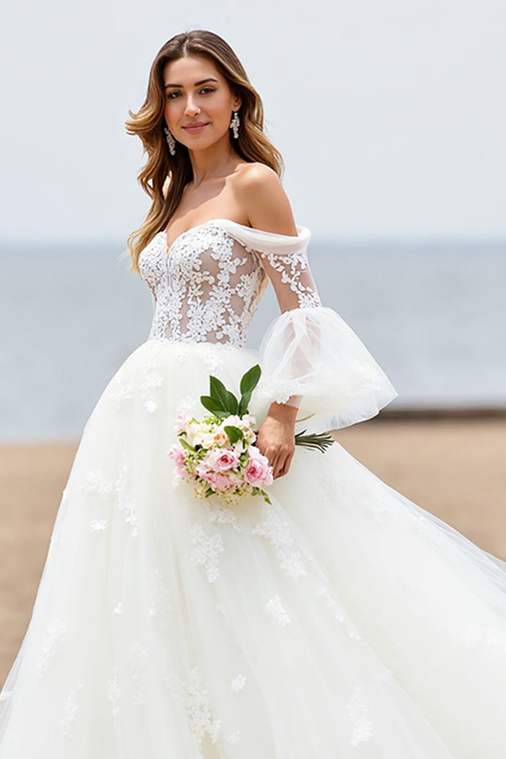 Tulle Ivory Off the Shoulder Sweep Train Beach Wedding Dress with Lace