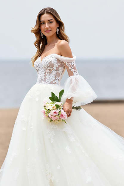 Tulle Ivory Off the Shoulder Sweep Train Beach Wedding Dress with Lace