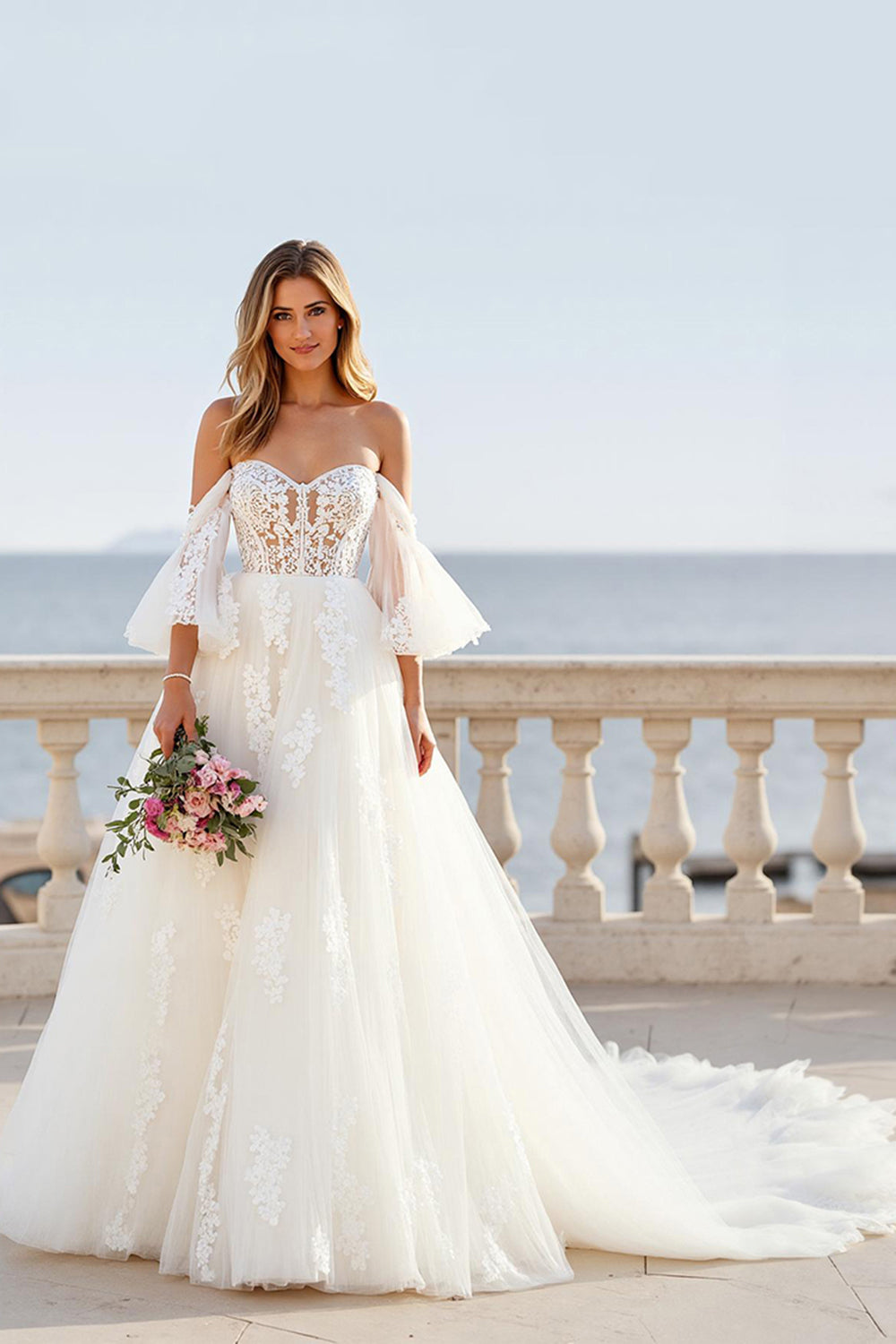Ivory Ball Gown Off the Shoulder Sweep Train Wedding Dress with Lace