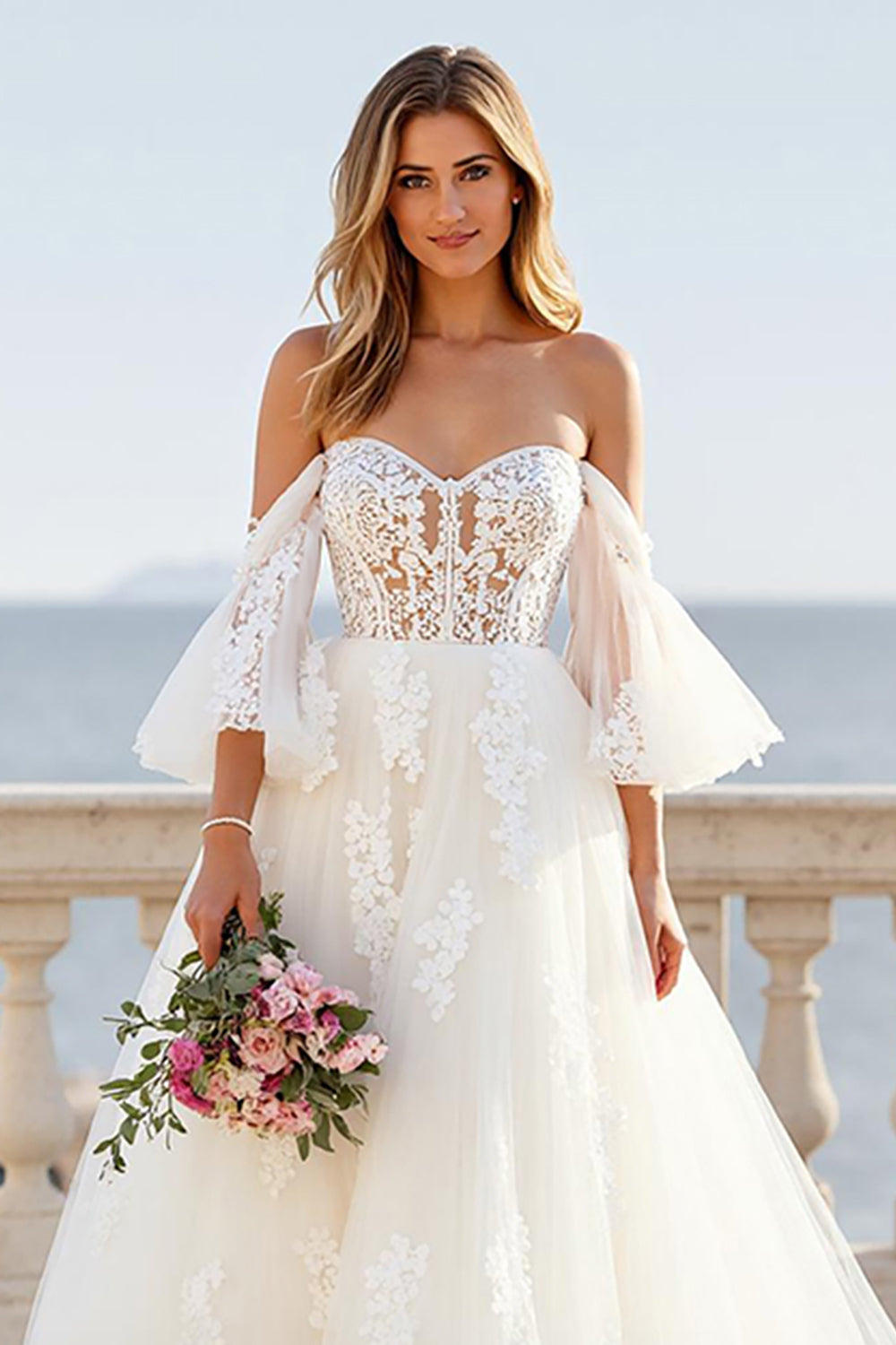 Ivory Ball Gown Off the Shoulder Sweep Train Wedding Dress with Lace