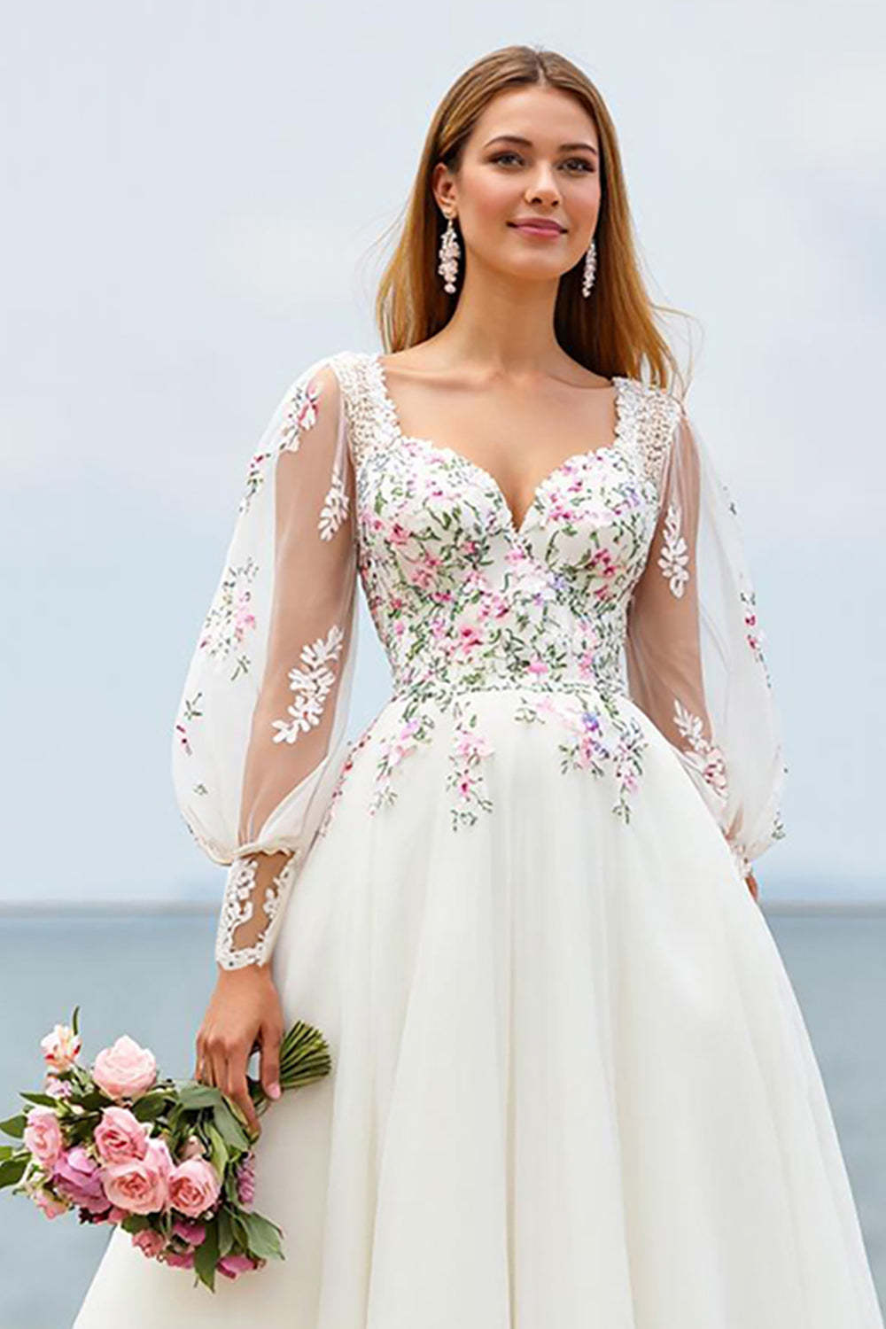 Ivory A Line Floral Sweep Train Embroidered Wedding Dress with Sleeves