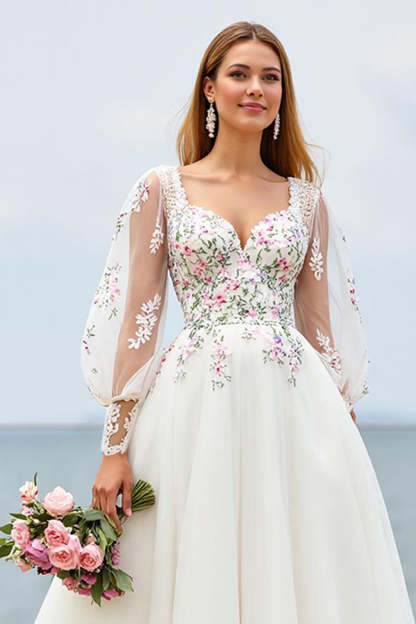 Ivory A Line Floral Sweep Train Embroidered Wedding Dress with Sleeves