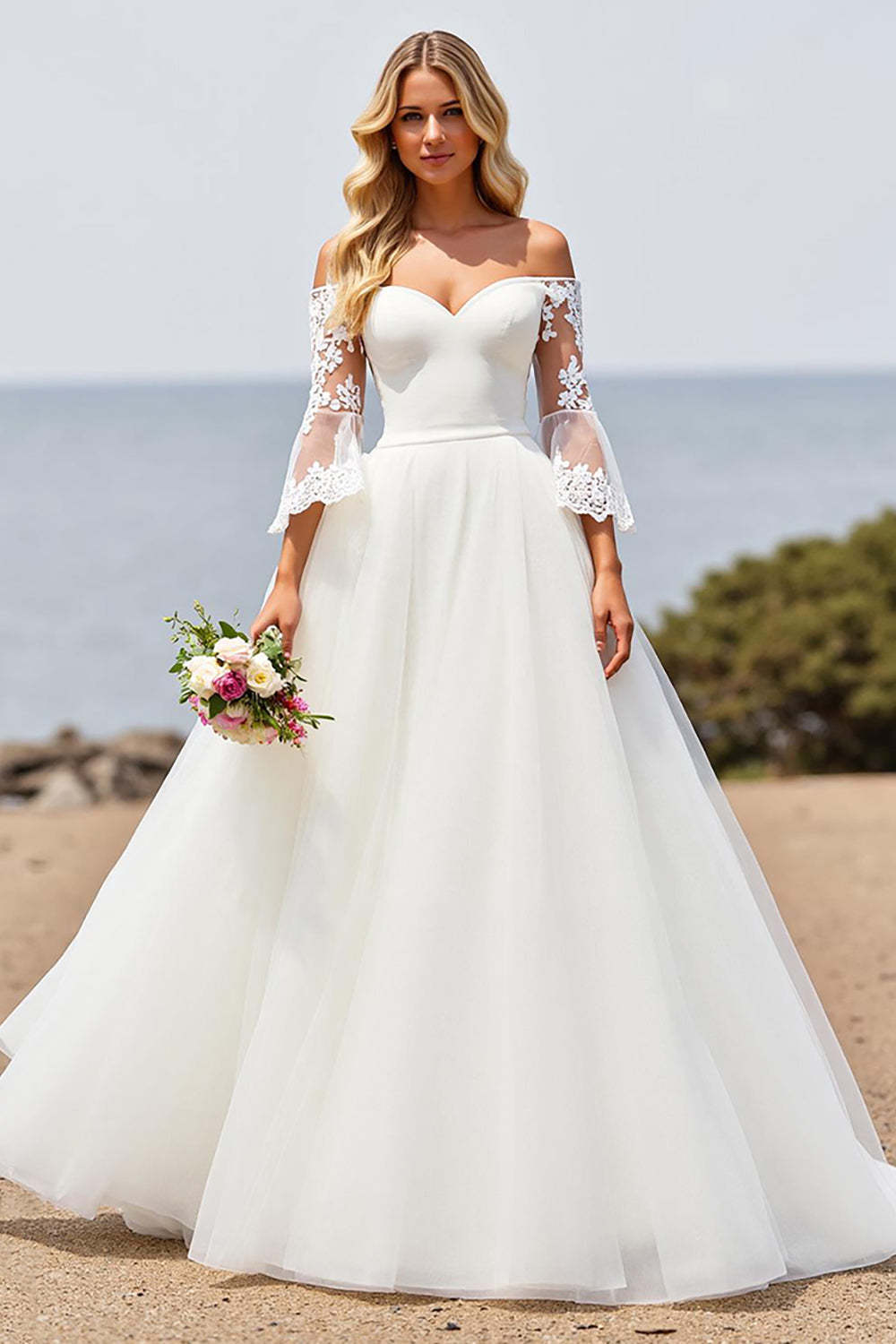 Leely Women Ivory Ball Gown Sweep Train Tulle Wedding Dress with Lace A Line Off the Shoulder Bridal Dress with Sleeves