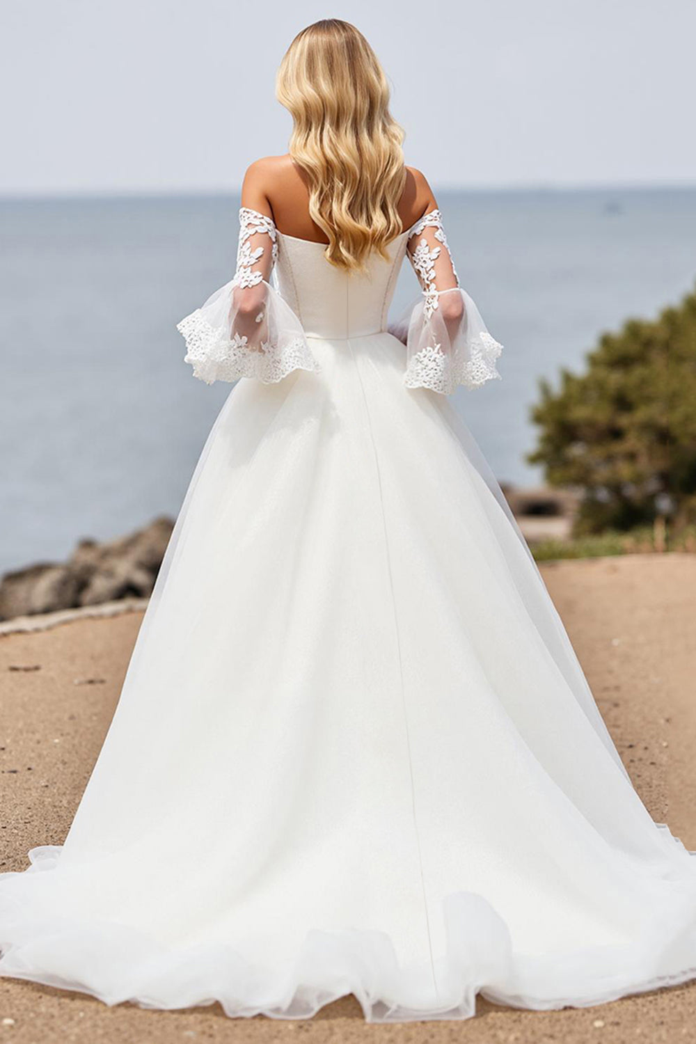 Ivory Ball Gown Tulle Sweep Train A Line Wedding Dress with Lace