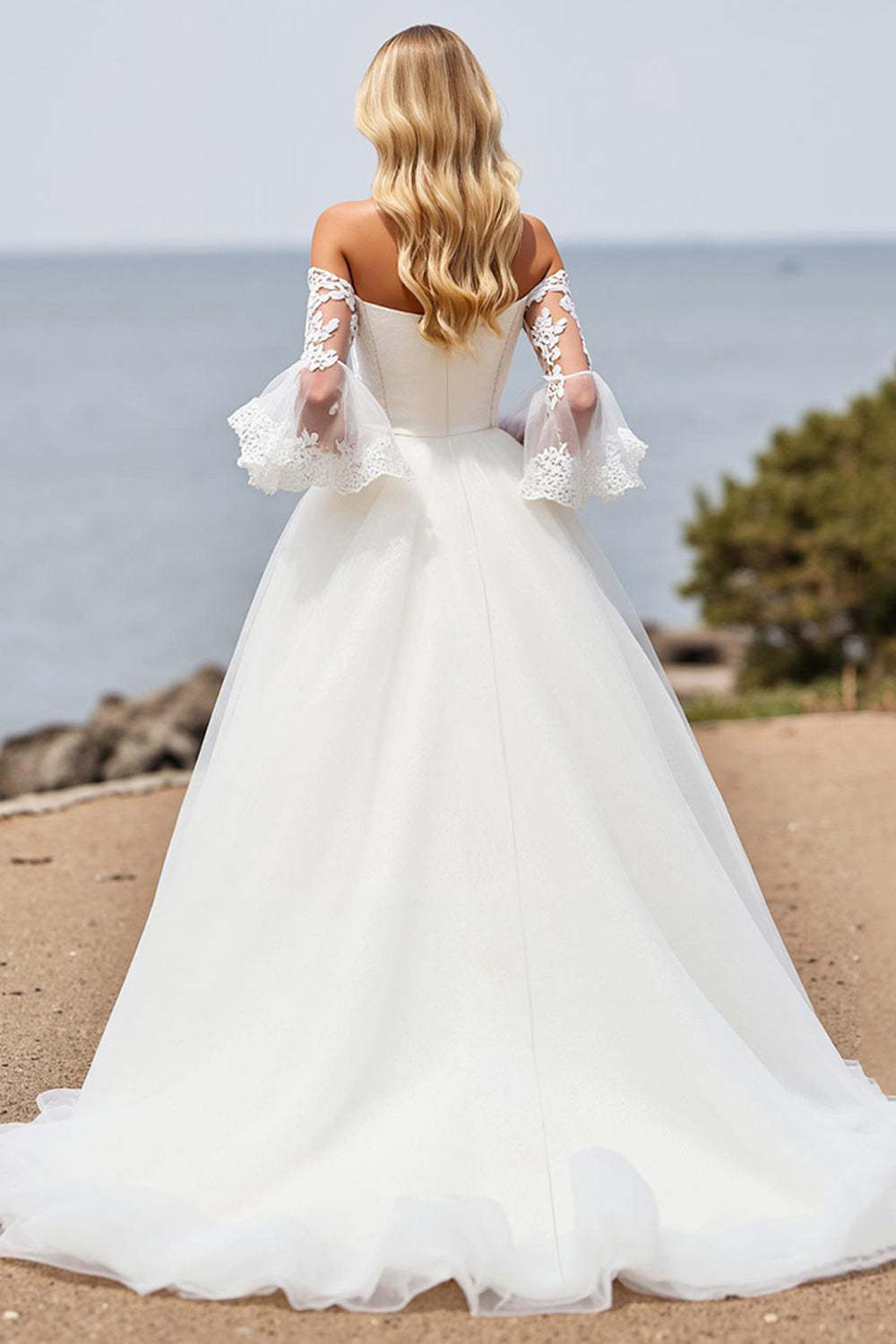 Ivory Ball Gown Tulle Sweep Train A Line Wedding Dress with Lace