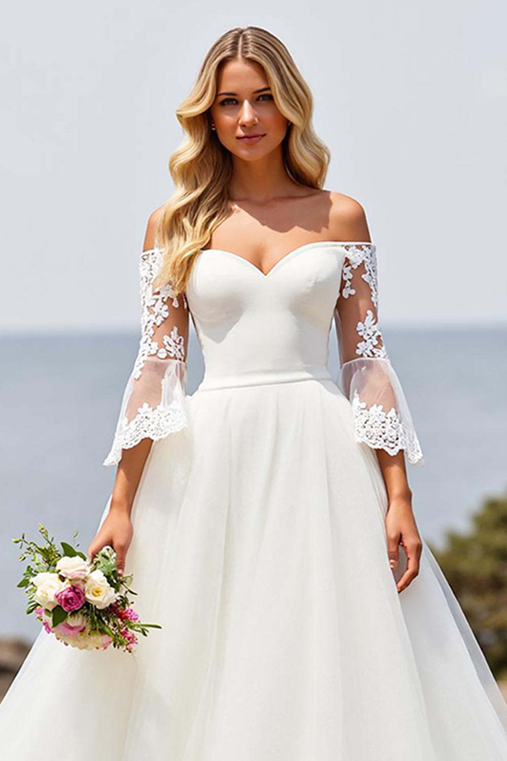 Ivory Ball Gown Tulle Sweep Train A Line Wedding Dress with Lace