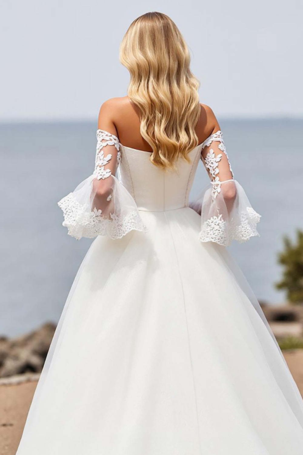 Ivory Ball Gown Tulle Sweep Train A Line Wedding Dress with Lace