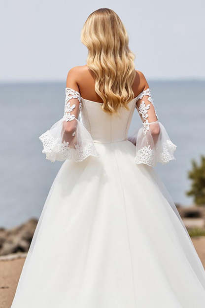 Ivory Ball Gown Tulle Sweep Train A Line Wedding Dress with Lace