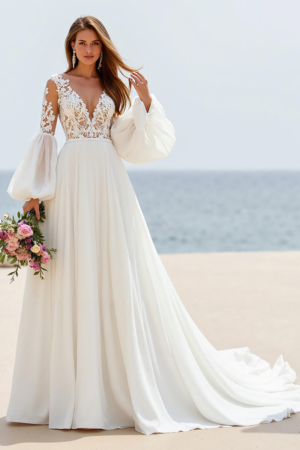 Ivory A Line Puff Sleeves Sweep Train Beach Wedding Dress with Lace