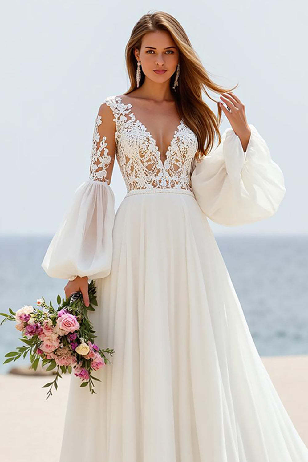 Ivory A Line Puff Sleeves Sweep Train Beach Wedding Dress with Lace
