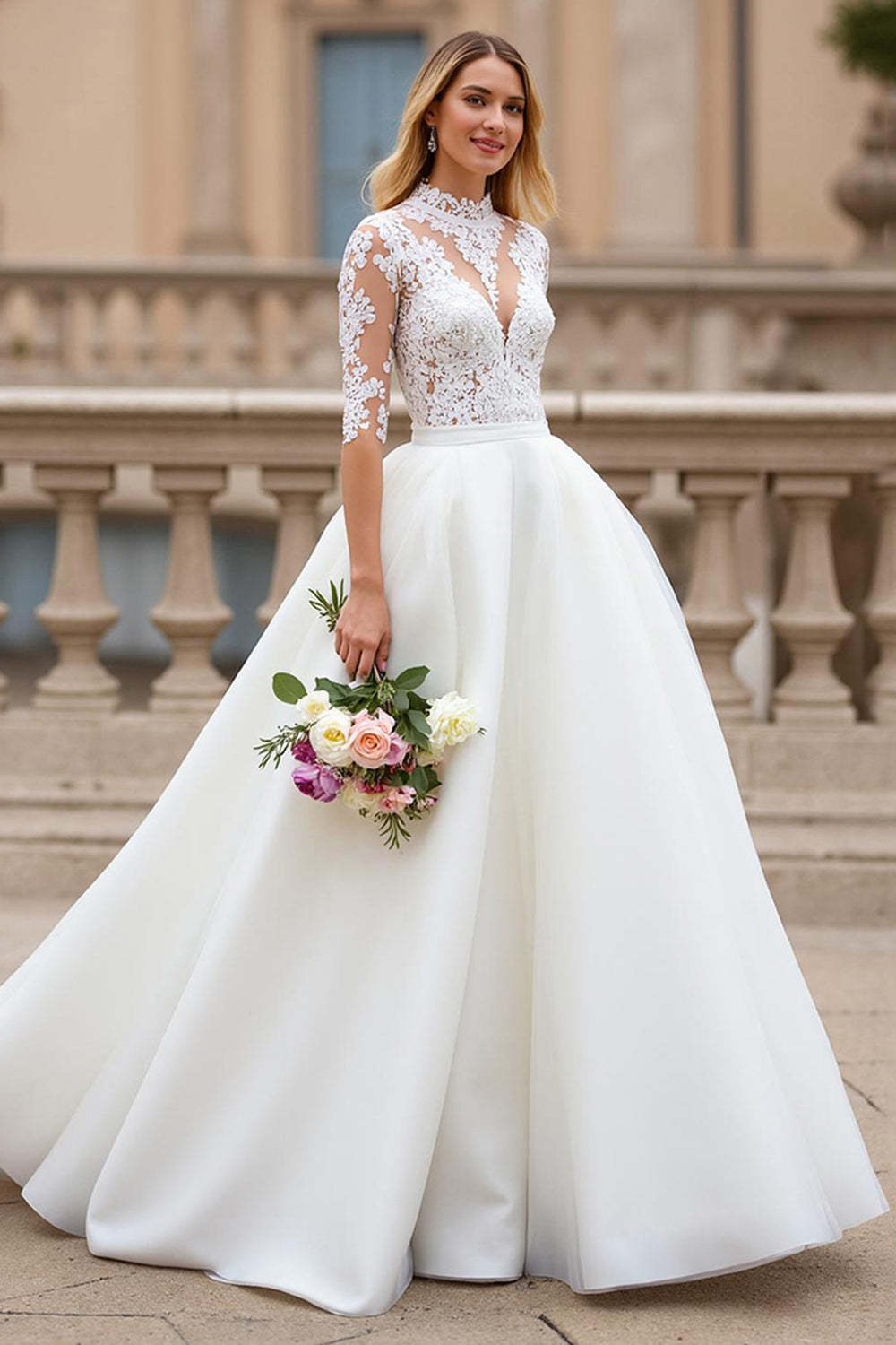 Leely Women Ivory High Neck Sweep Train Vintage Wedding Dress with Lace A Line Covered Button Bridal Dress with Sleeves