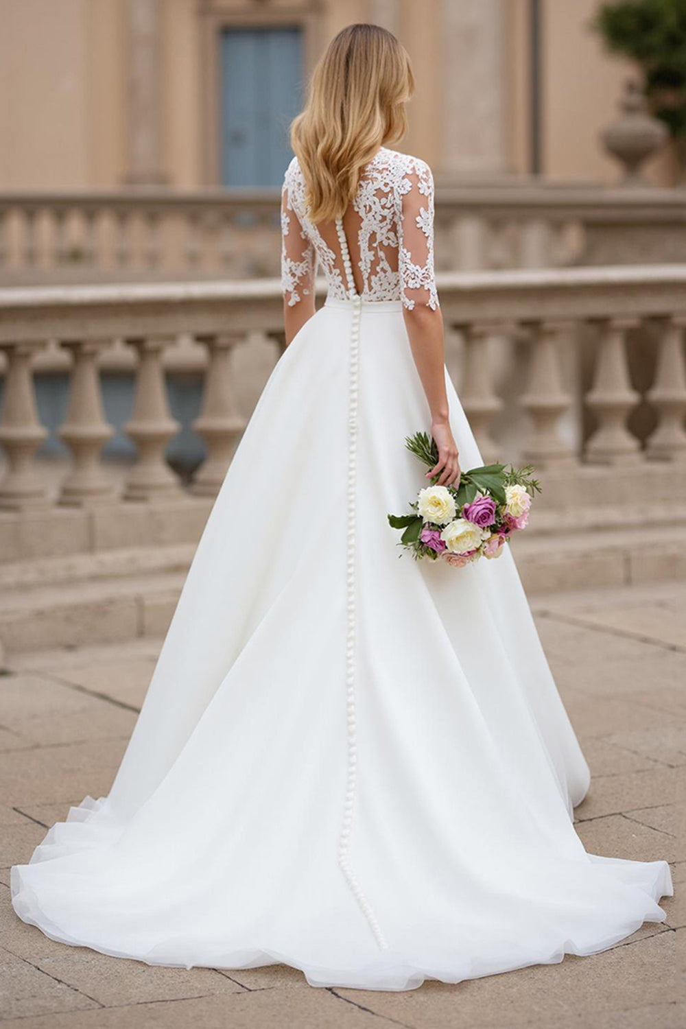 Ivory High Neck A Line Half Sleeves Sweep Train Wedding Dress with Lace