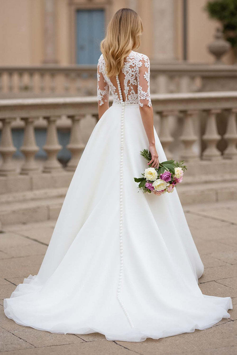 Ivory High Neck A Line Half Sleeves Sweep Train Wedding Dress with Lace