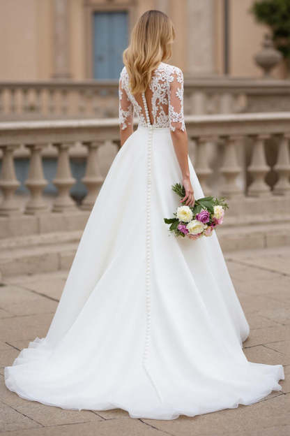 Ivory High Neck A Line Half Sleeves Sweep Train Wedding Dress with Lace