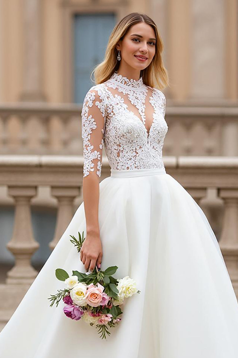 Ivory High Neck A Line Half Sleeves Sweep Train Wedding Dress with Lace