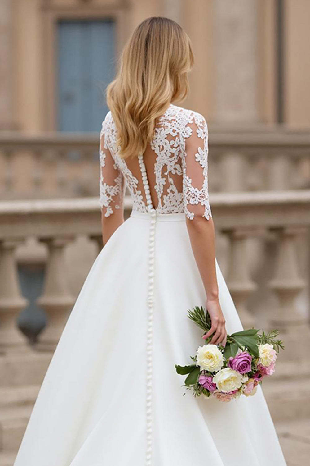 Ivory High Neck A Line Half Sleeves Sweep Train Wedding Dress with Lace