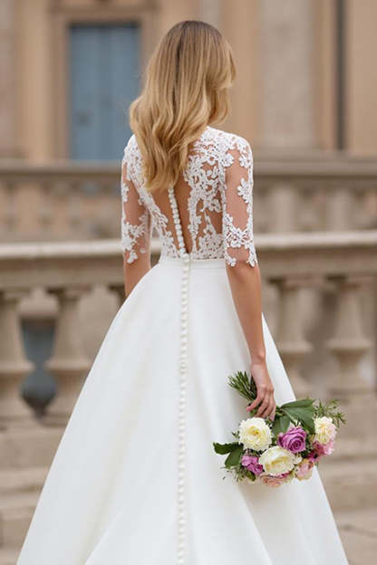 Ivory High Neck A Line Half Sleeves Sweep Train Wedding Dress with Lace