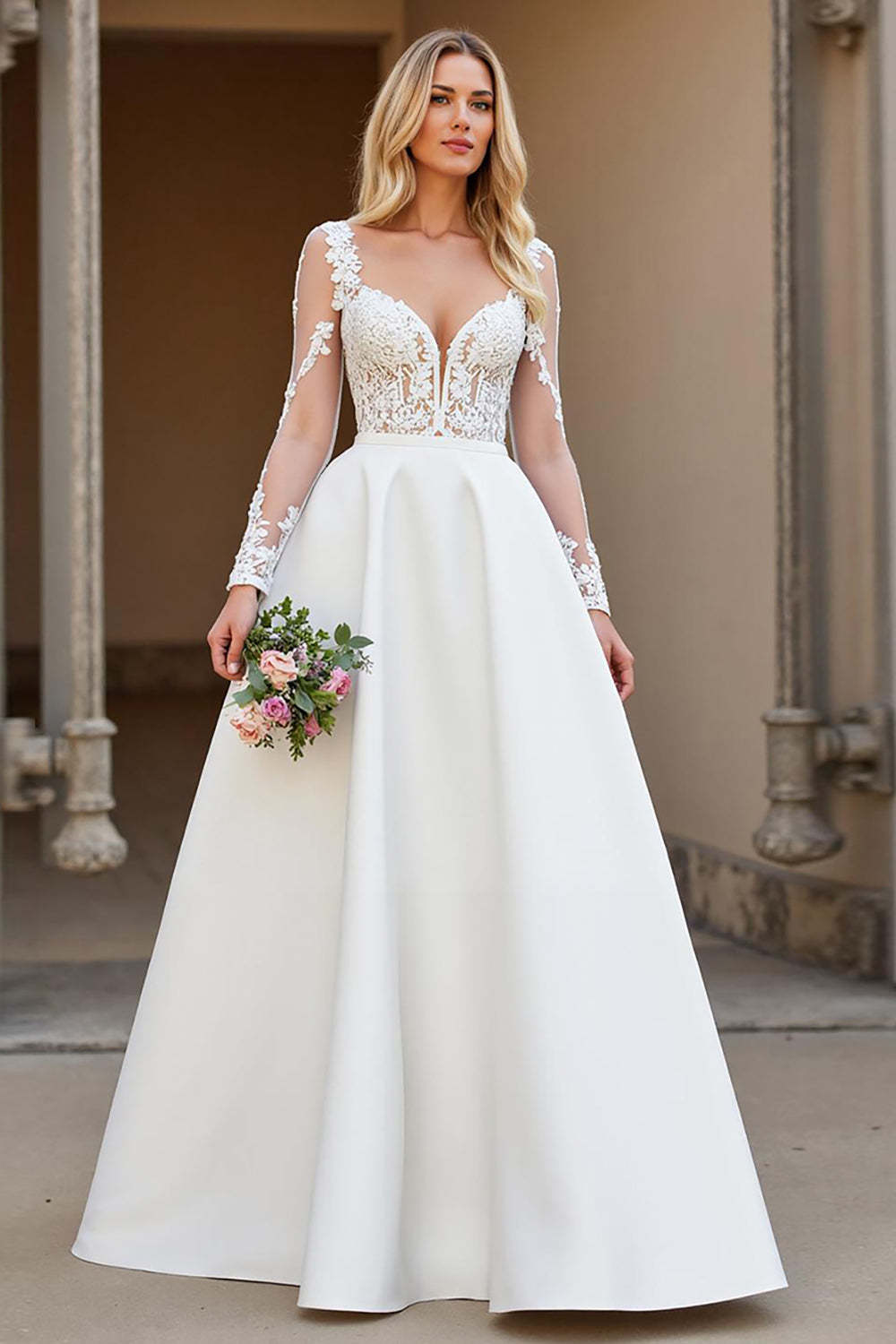 Leely Women Ivory Satin Sweep Train Wedding Dress with Lace A Line Backless Bridal Dress with Sleeves