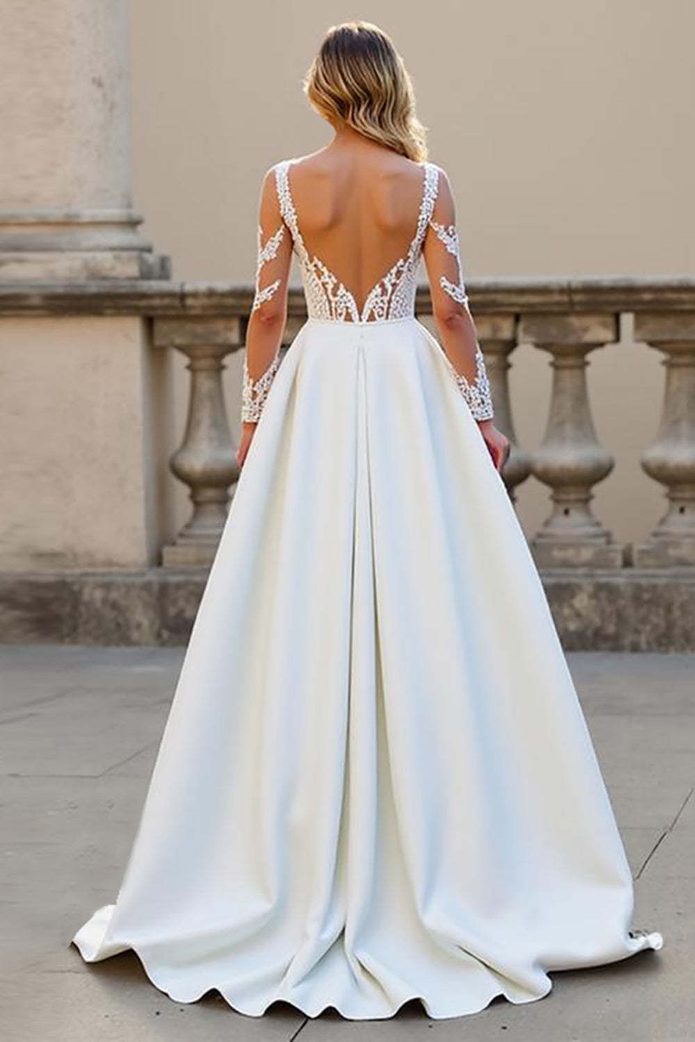 Satin Ivory A Line Backless Sweep Train Wedding Dress with Sleeves