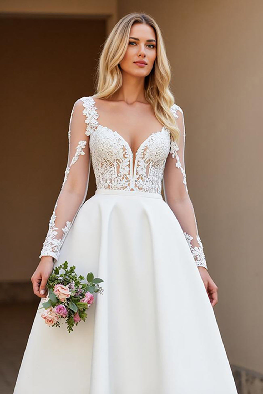 Satin Ivory A Line Backless Sweep Train Wedding Dress with Sleeves