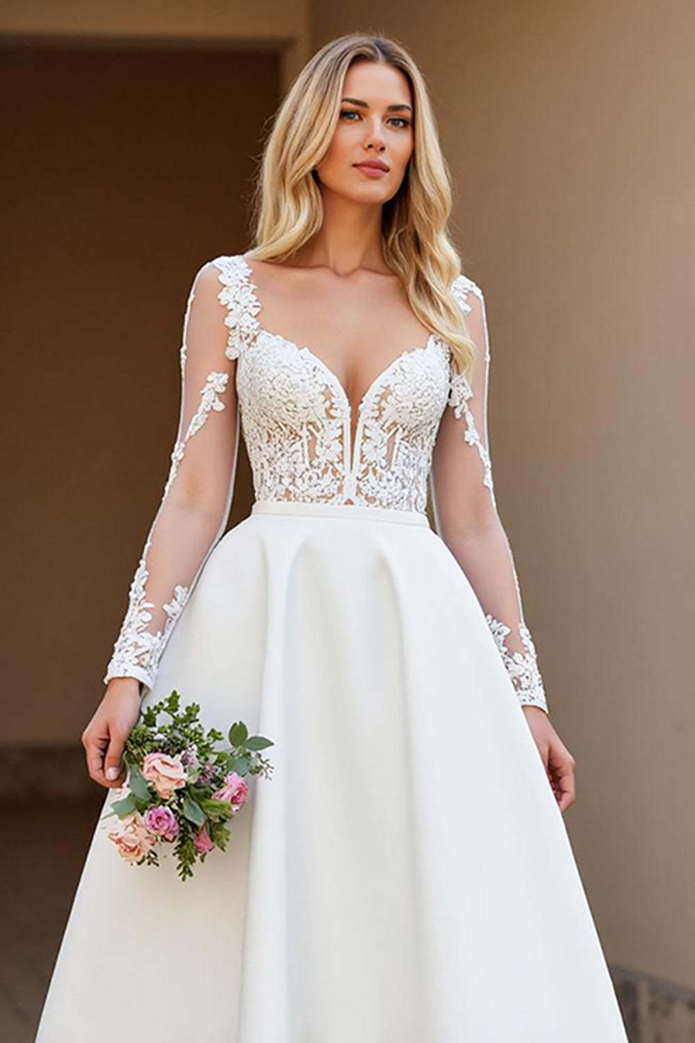 Satin Ivory A Line Backless Sweep Train Wedding Dress with Sleeves