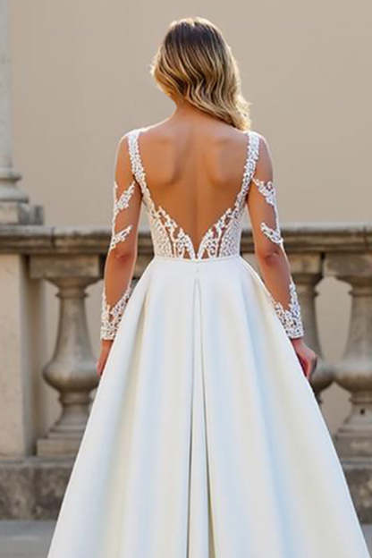 Satin Ivory A Line Backless Sweep Train Wedding Dress with Sleeves