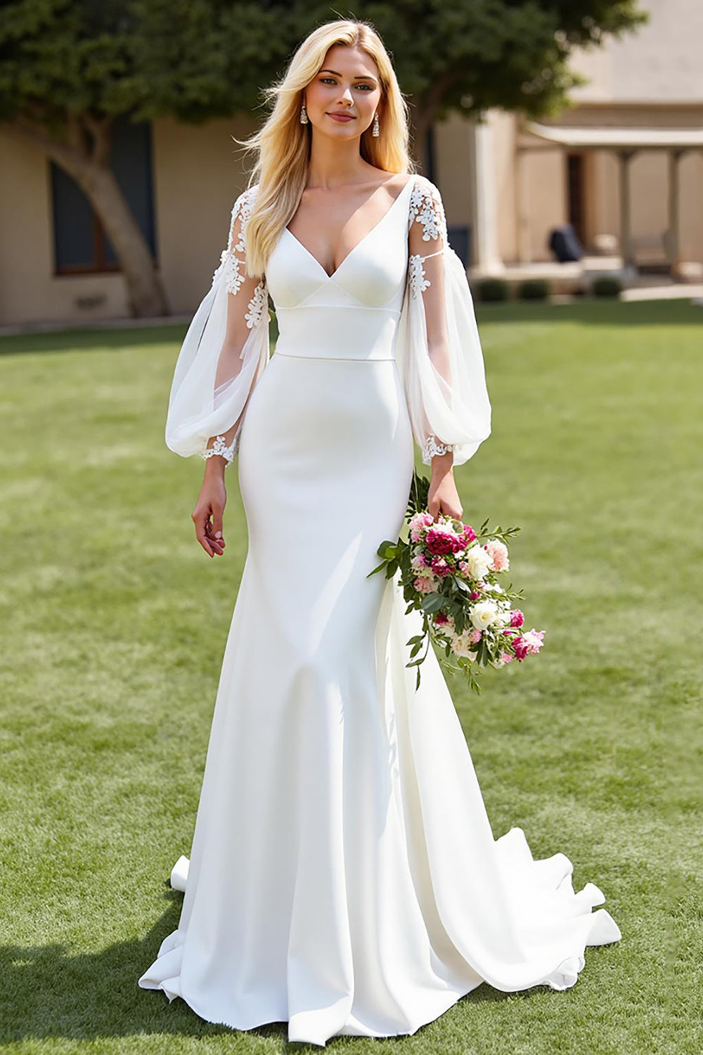 Ivory V-Neck Mermaid Satin Sweep Train Wedding Dress with Sleeves