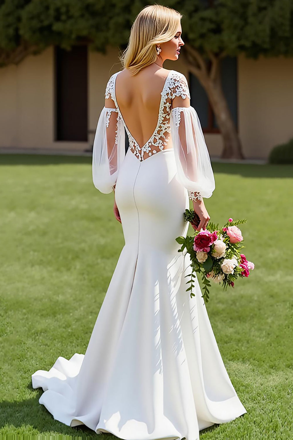 Ivory V-Neck Mermaid Satin Sweep Train Wedding Dress with Sleeves