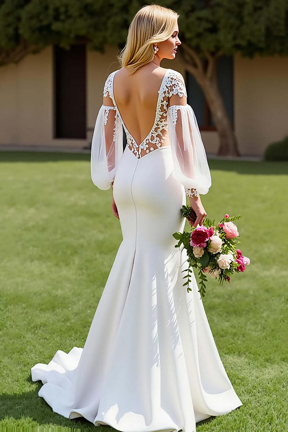 Ivory V-Neck Mermaid Satin Sweep Train Wedding Dress with Sleeves