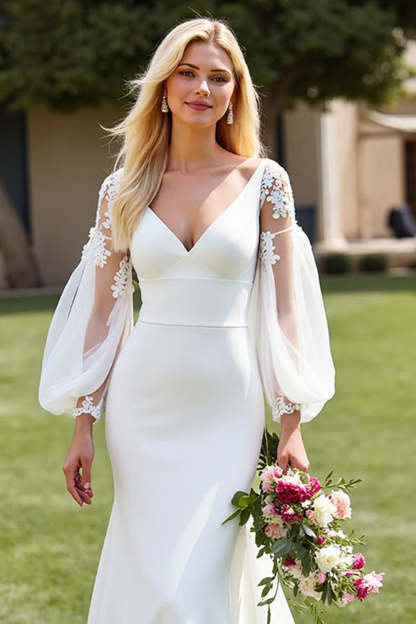 Ivory V-Neck Mermaid Satin Sweep Train Wedding Dress with Sleeves